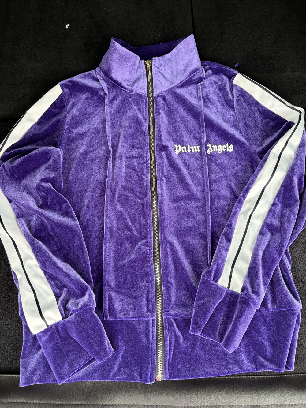 Palm Angels Purple Velvet Track Jacket with White Stripe Sleeves